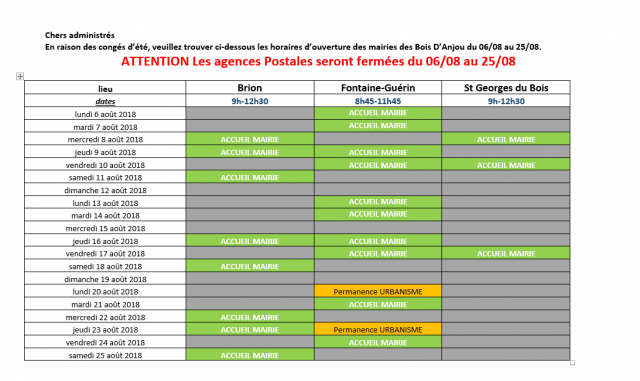 Planning des ouvertures des mairies des Bois d'Anjou pour le mois d'août !